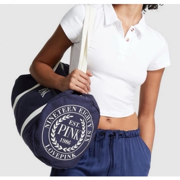 Victoria’s Secret PINK Brand navy blue and white canvas duffel bag, NWT - Picture 2 of 6